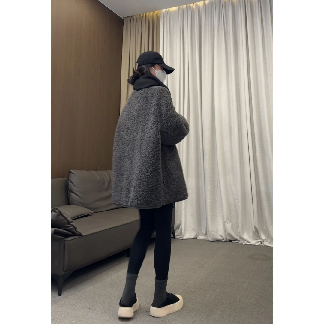 立领羔羔毛加棉外套秋冬韩版休闲百搭女宽松长袖上衣 22403