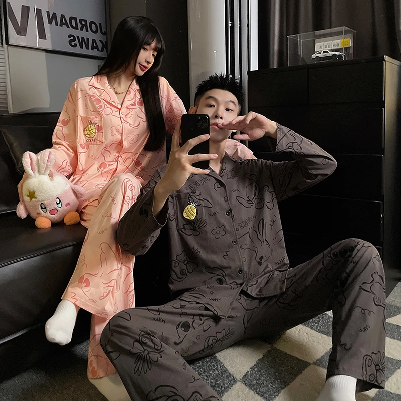 春秋季情侣睡衣女纯棉长袖卡通史迪仔男士大码宽松家居服套装夏天
