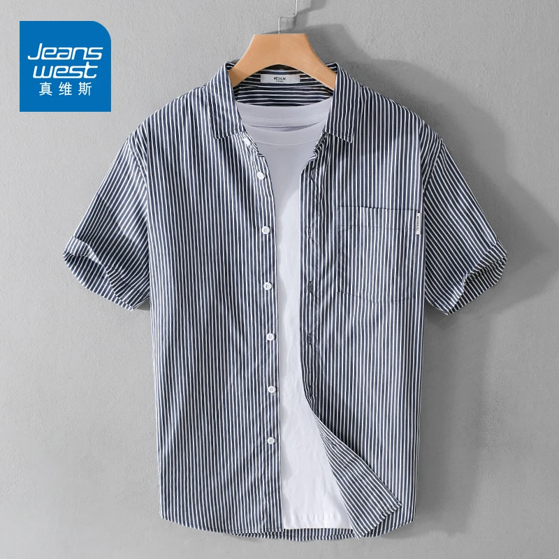 真维斯夏季短袖男装拼接潮流时尚宽松上衣百搭简约工装清新衬衣男