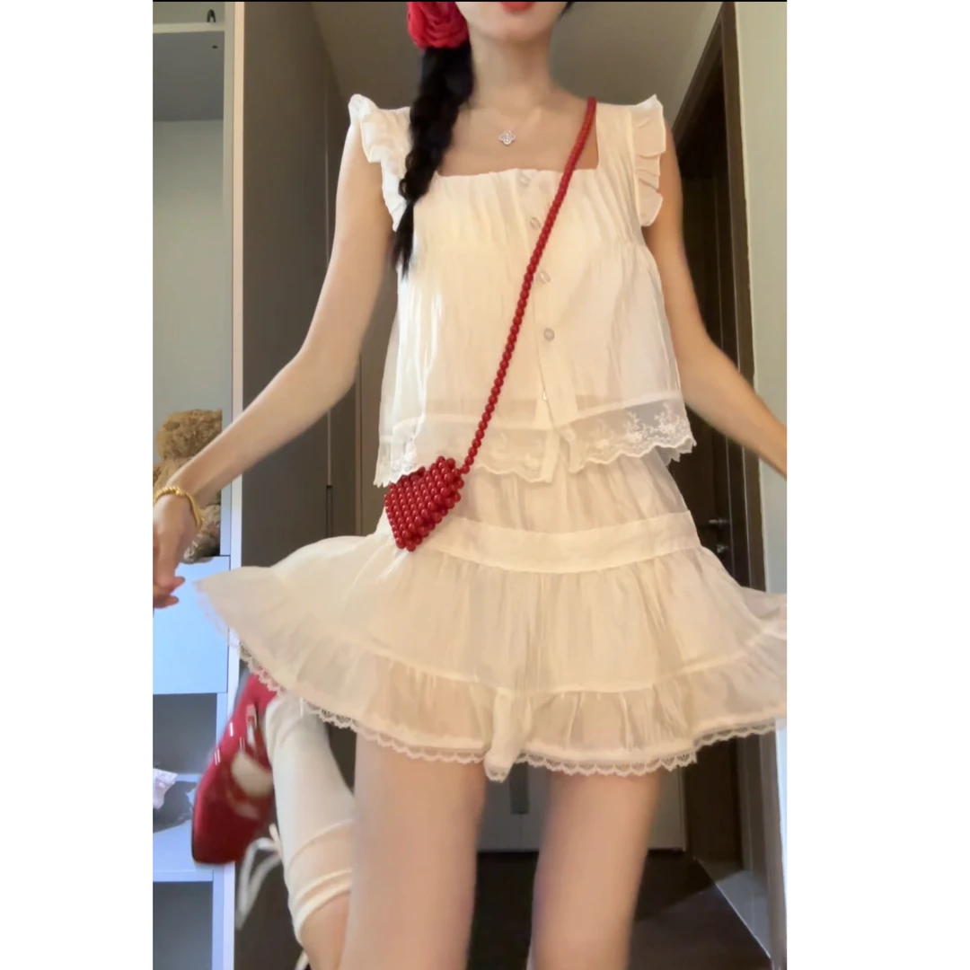 七分糖飞袖蕾丝花边无袖上衣白色半身短裙甜美风套装