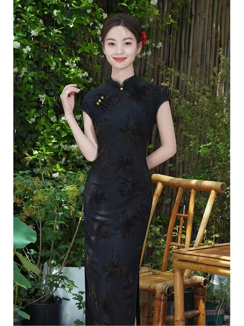 黑色旗袍女国风改良2025新款气质修身新中式长款高级感夏季连衣裙