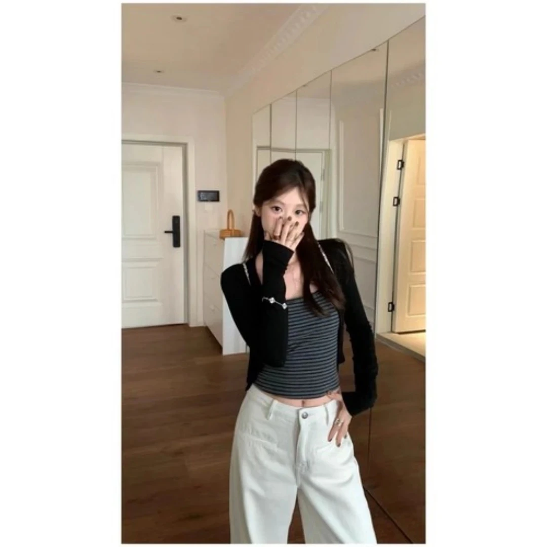 【全额运补】韩女daily~圆领长袖短开衫+吊带两件套