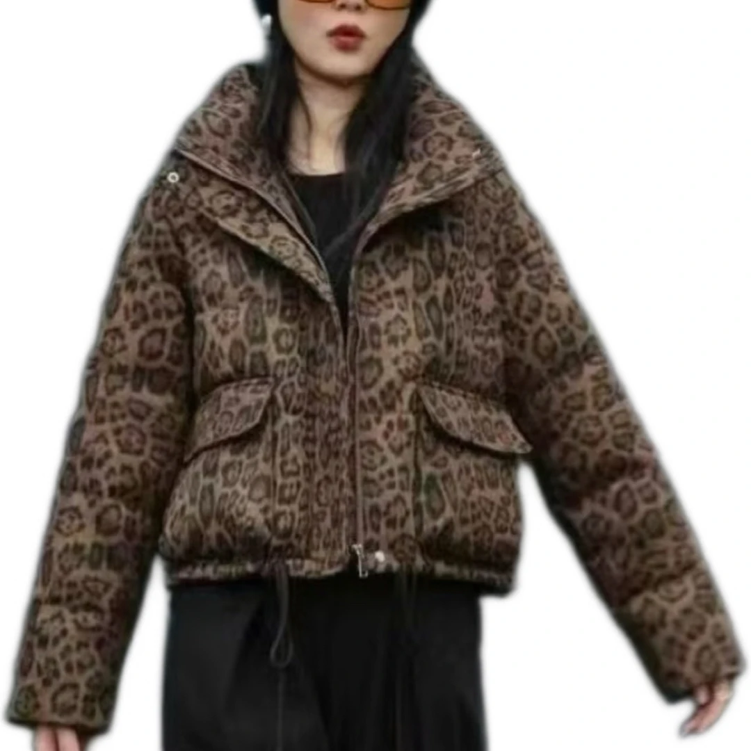 （火）羽绒服豹纹印花潮流时尚百搭洋气女士短外套宽松休闲冬保暖