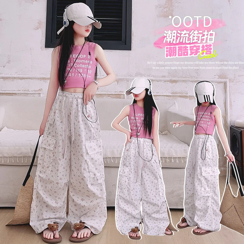 女童休闲洋气甜酷碎花工装裤2025新款大儿童潮夏装薄款伞兵阔腿裤