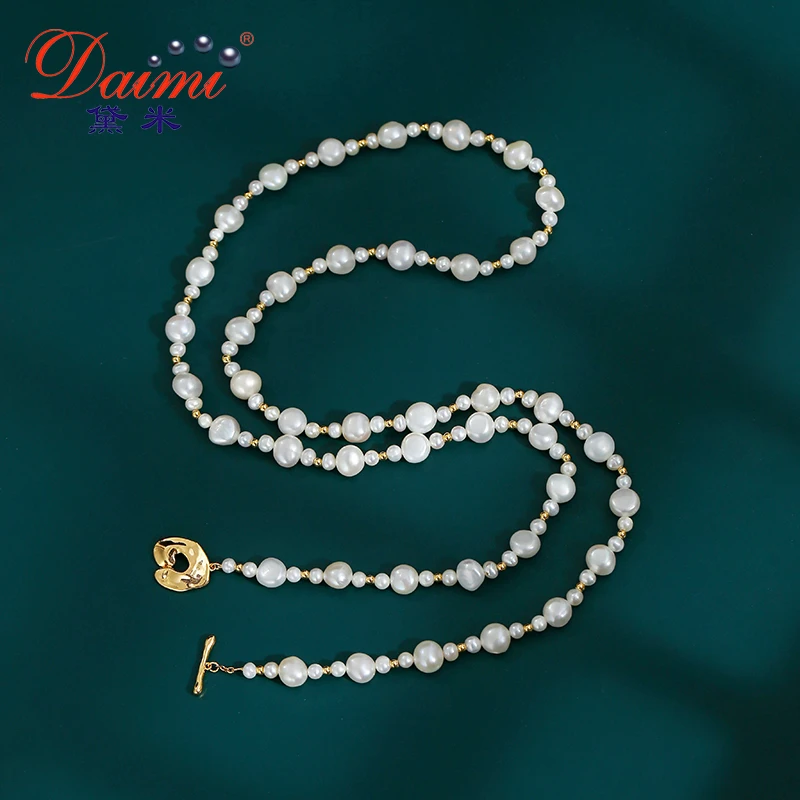 【黛米】YF410 约4-10mm淡水珍珠中长款毛衣链项链 白色