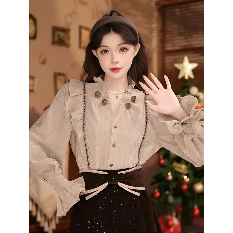 秋季新款港味复古显瘦气质设计感长袖上衣V领拼接衬衫女