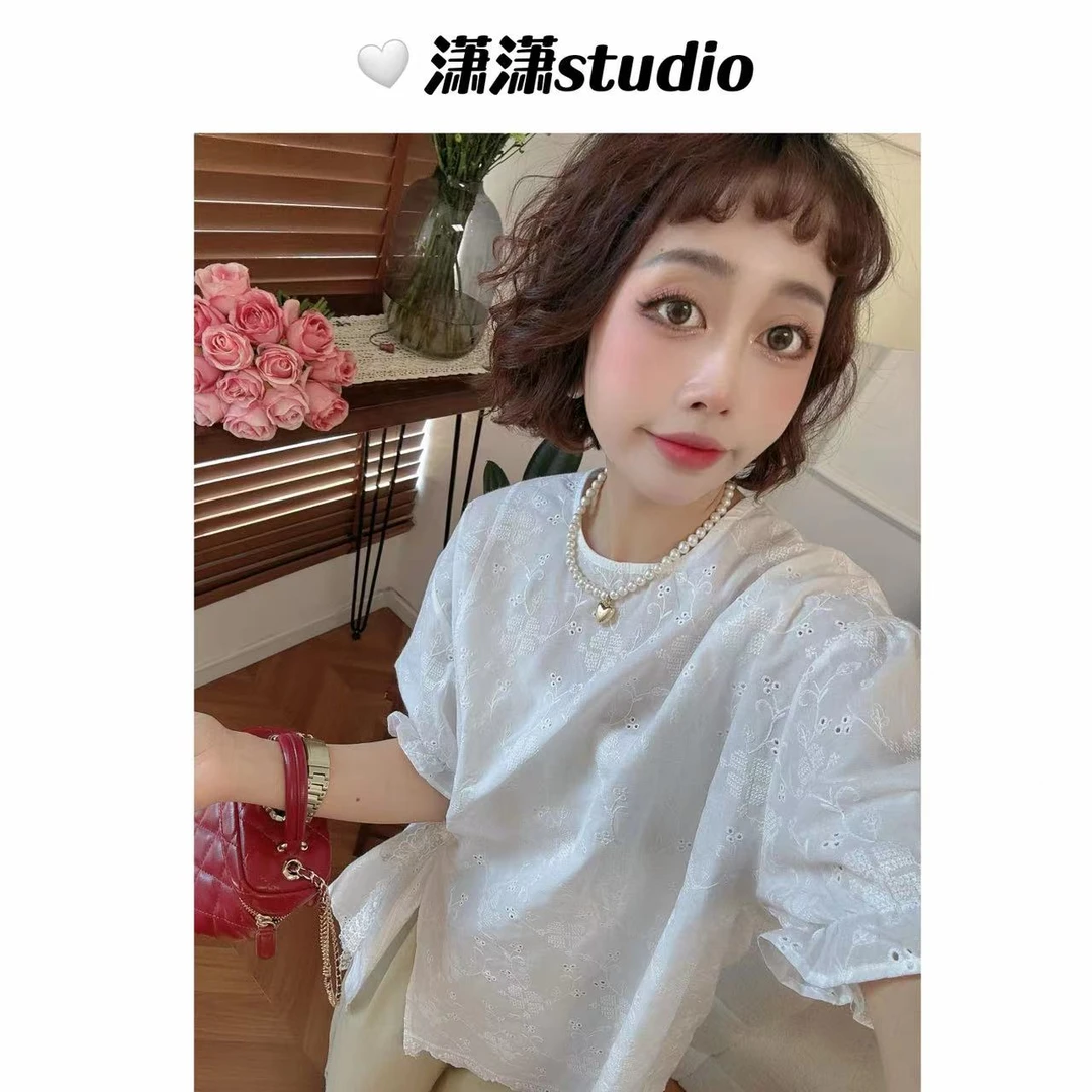 【侧面系绳衬衣】潇潇刺绣面料泡泡袖下摆不规则韩系百搭衬衣XT0011
