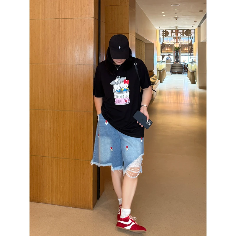 铅笔小鑫大码女装 酷girl 复古毛边刺绣手工钉珠牛仔中裤