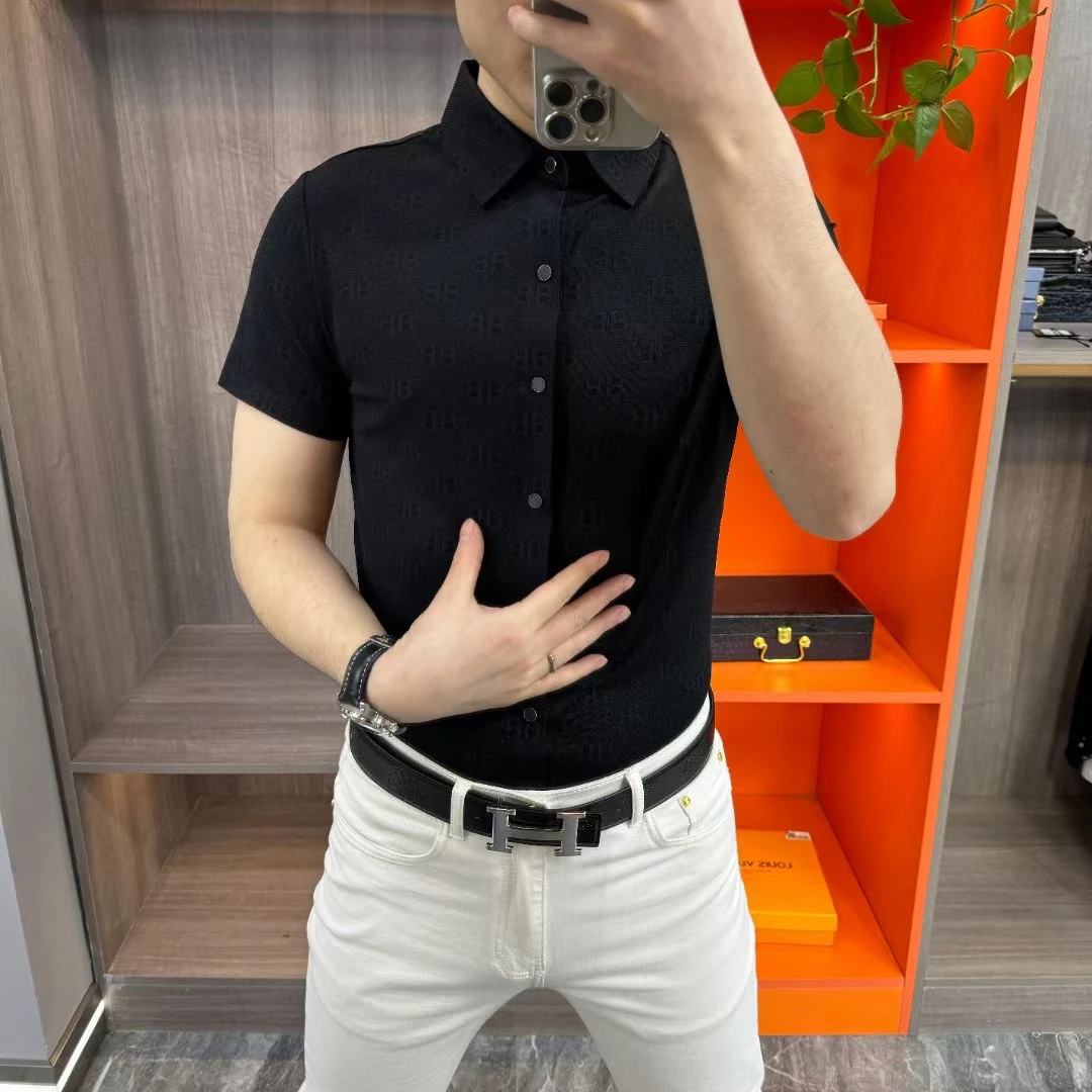 男士半袖夏季新款高级商务休闲方领衬衫气质印花字母高弹百搭舒适