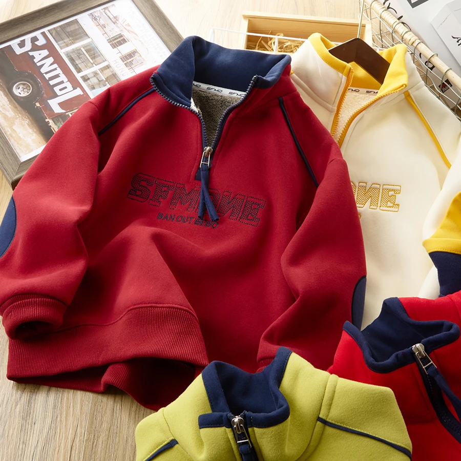 儿童加绒加厚卫衣冬装2024新款冬季男童半高领保暖上衣24D48