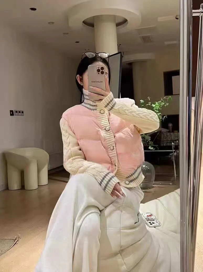小香风粉色拼接针织棉服外套女甜美休闲立领设计