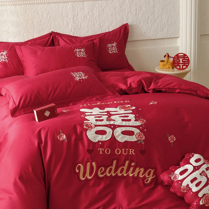 中式婚庆喜嫁100S长绒棉婚房磨毛四件套纯棉全棉红色结婚床单被套