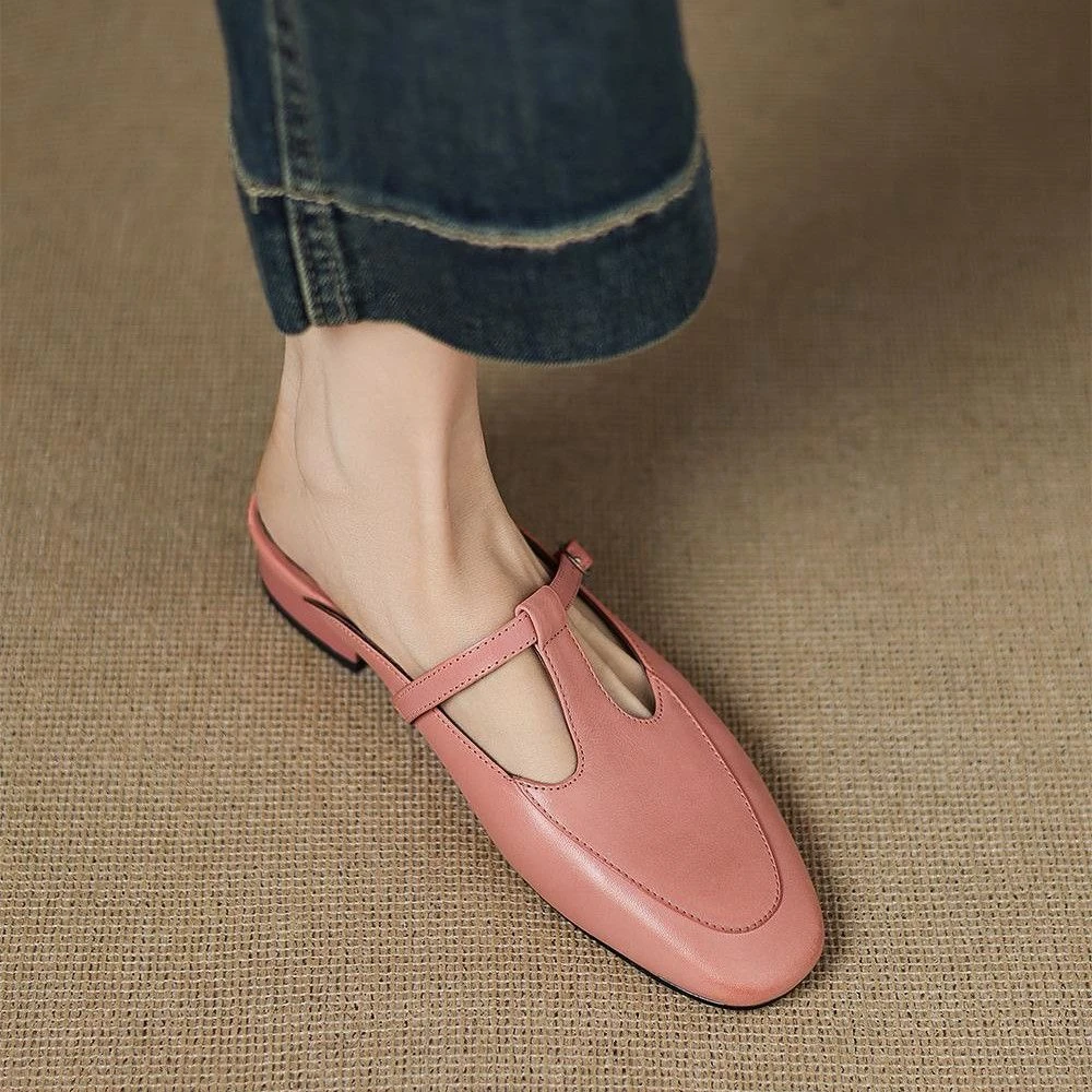 【啄木鸟正品】法式高级粉色丁字带包头半拖鞋女2025年春夏季新款A