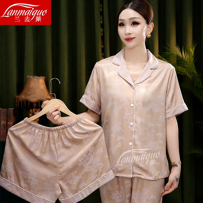 兰麦菓夏季新款国风睡衣女三件套2025薄款短袖高级感家居服出门款