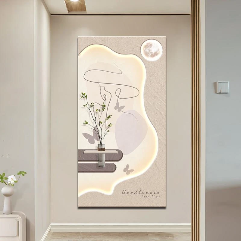入户玄关装饰画现代简约绿植可插花走廊过道挂画北欧竖版灯光壁画