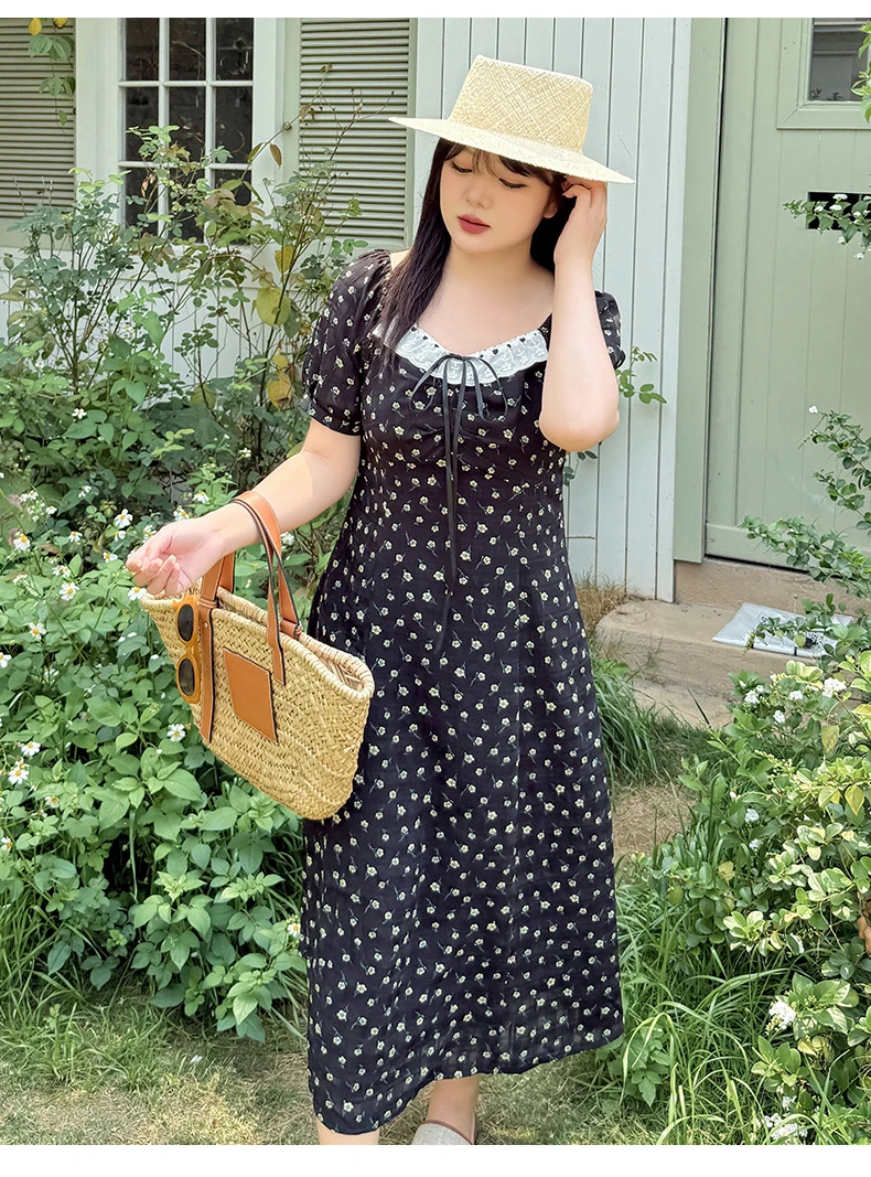 胖mm夏季印花洋气圆领泡泡袖连衣裙显瘦方领黑色波点收腰裙子法式