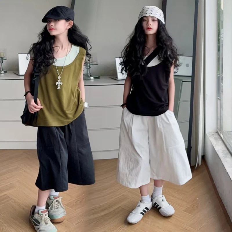 女童夏季套装2025新款大童女孩潮童穿搭衣服儿童巨好看假两件背心