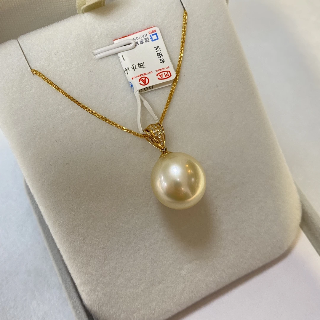 天然海水南洋金珠14-15mm吊坠18k金经典瓜子扣