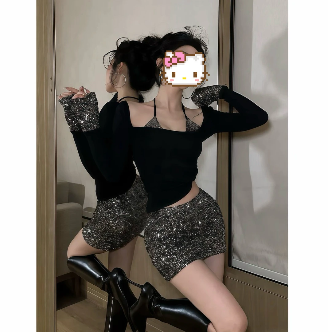 法式气质假两件亮片挂脖长袖T恤女秋冬新款修身显瘦半身裙两件套