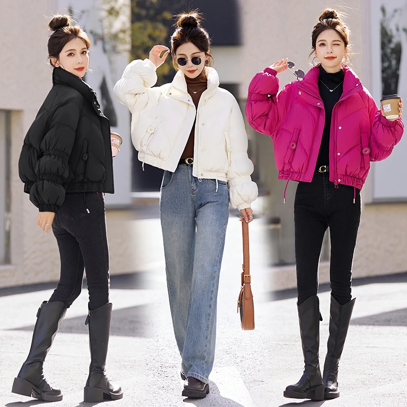 超好看显白玫红色羽绒服女短款2025冬季新款洋气灯笼袖白鸭绒外套