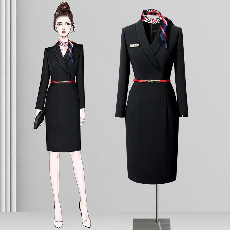 黑色长袖女春季青果领时尚修身显瘦银行金店经理工作服职业连衣裙