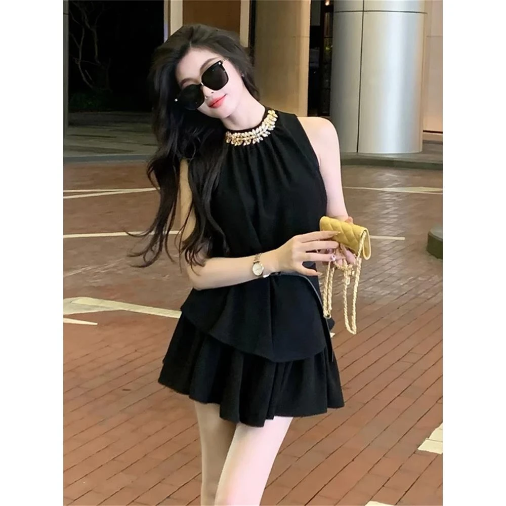 法式富家千金重工镶钻挂脖无袖背心上衣半身短裙两件套女夏季新款
