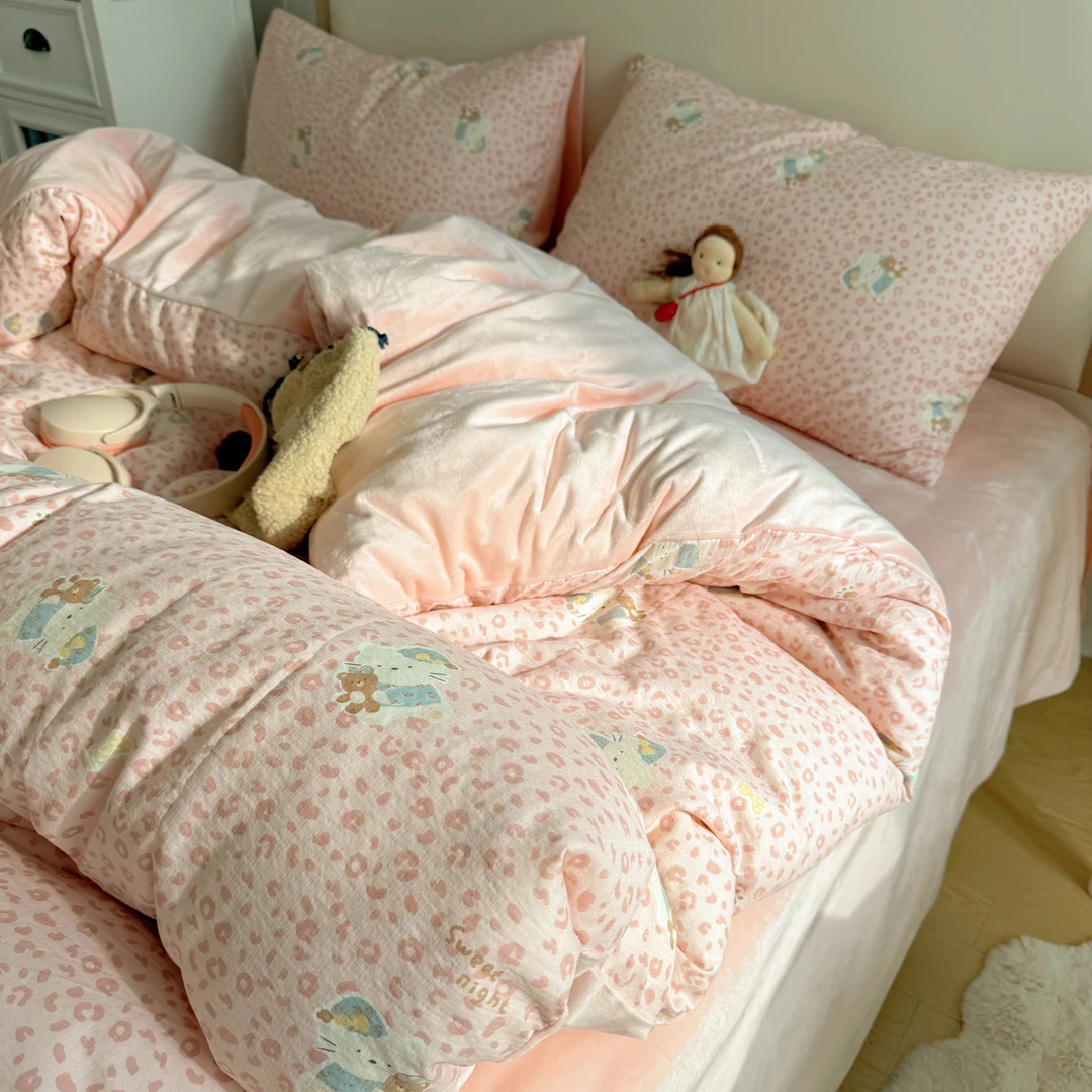 A面双层纱B面宝宝绒四件套冬天加厚保暖牛奶绒床单被套被罩四件套