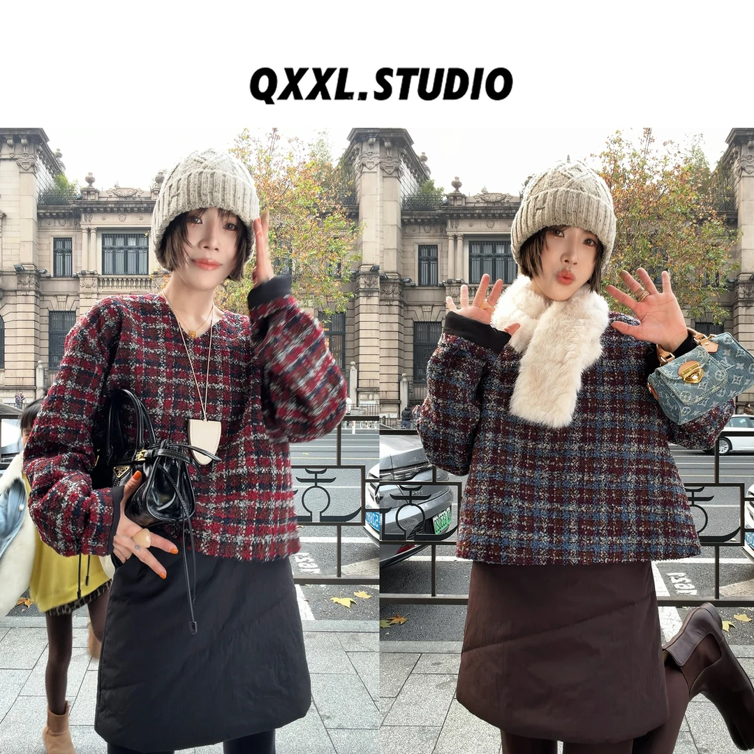 邱小小丽呀 冬季新款小香风V领格纹短款卫衣女慵懒感显瘦套头上衣