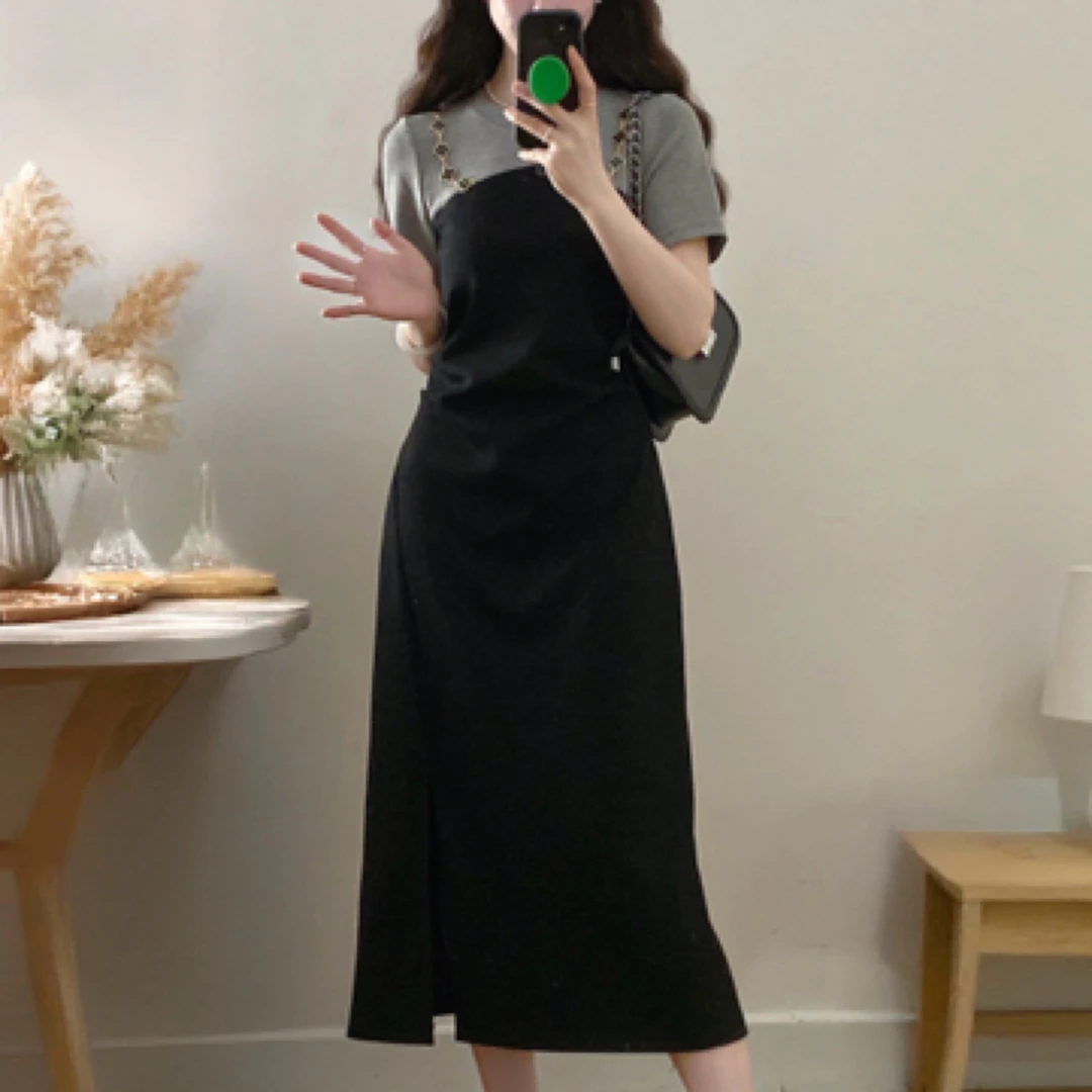 时尚法式假两件短袖连衣裙女25夏季气质小黑裙胖MM遮肚显瘦裙