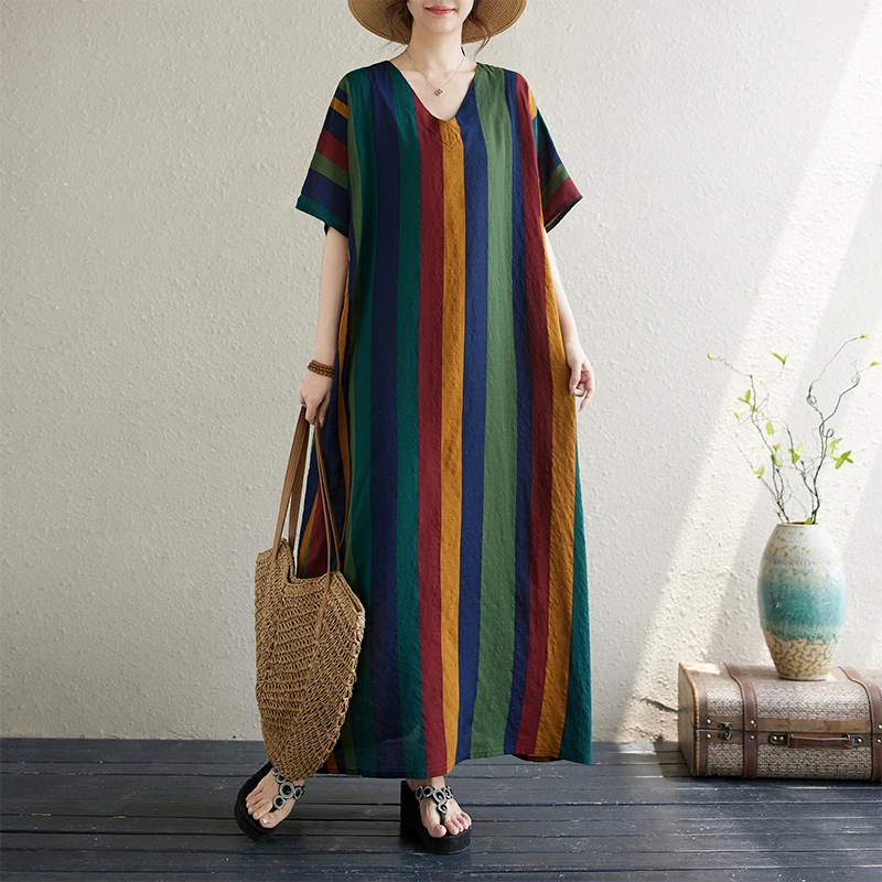 外贸出口棉麻竖纹显瘦V领短袖长裙女夏撞色拼接黑气质长款连衣裙