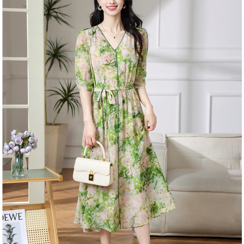 苏杭真丝连衣裙女长款2025夏季新款领年轻收腰气质纯真丝A字潮裙