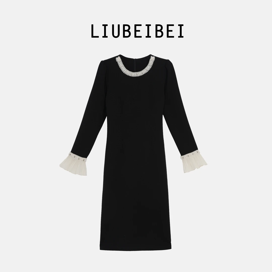 LIUBEIBEI轻奢珍珠领显瘦黑色连衣裙打底裙8562
