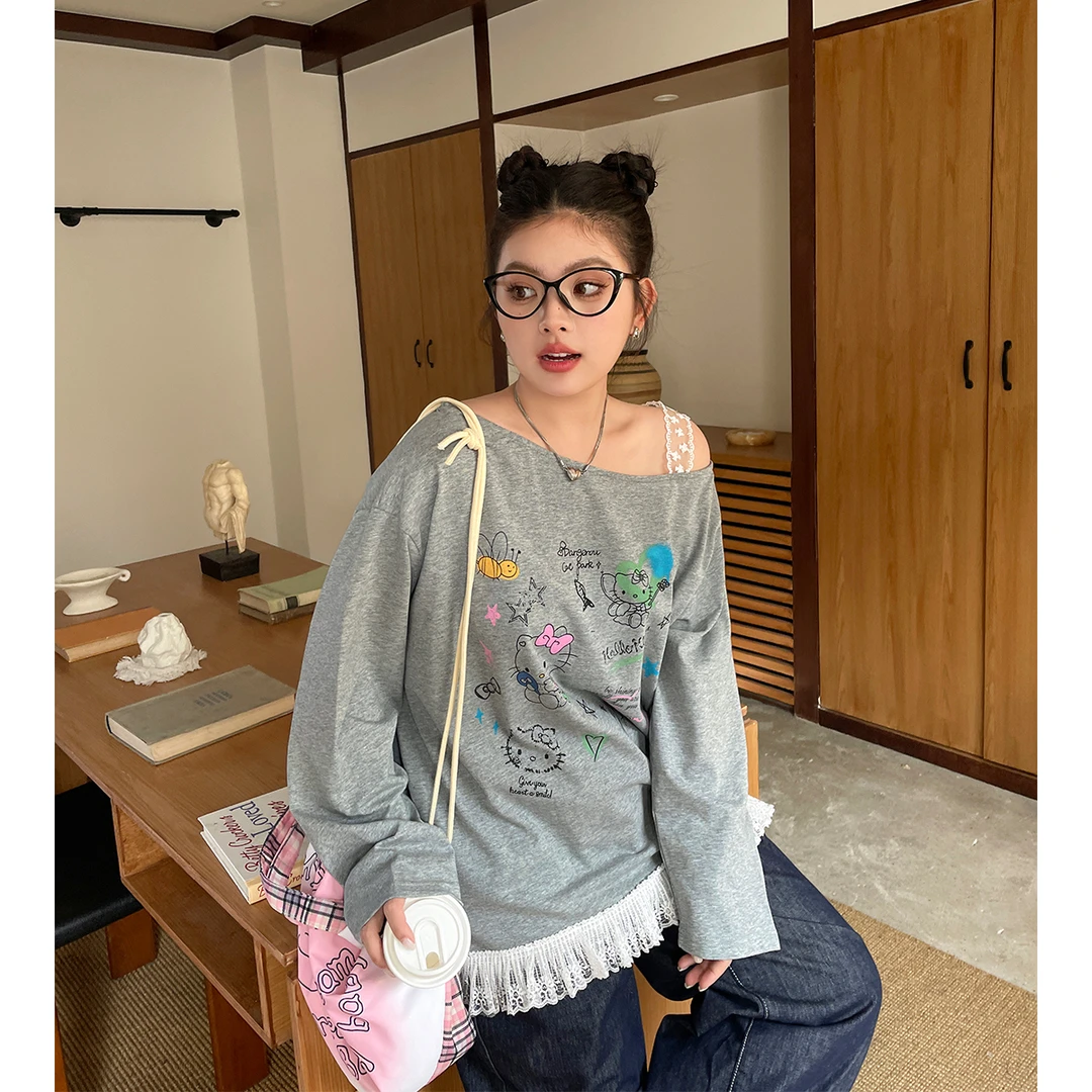 春季韩系穿搭单肩露肩上衣慵懒宽松大码胖mm女装蕾丝花边长袖t恤