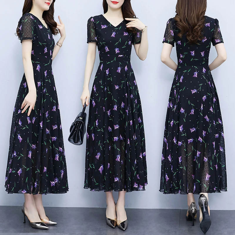 夏季新款短袖雪纺碎花连衣裙时尚气质大码胖mm收腰显瘦遮肚长裙子