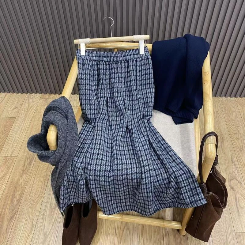 复古高腰毛呢格纹半裙文艺格子宽松显瘦中长款秋冬A字裙女Q99885
