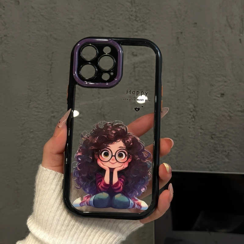 卷发眼镜女孩适用苹果16pro创意iPhone15奶油手机壳华为p60女小众