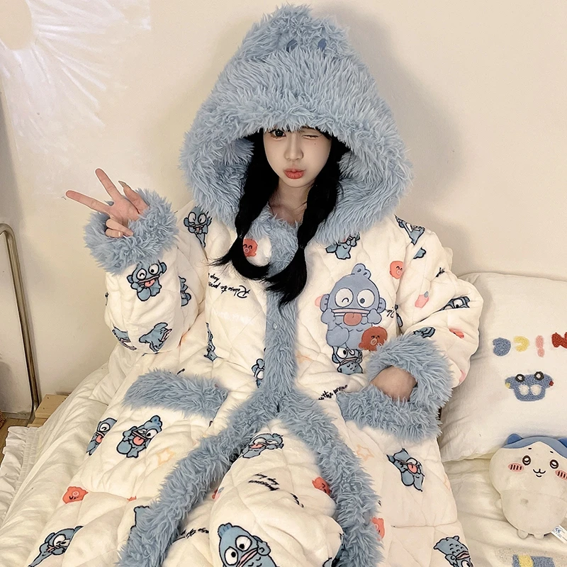 女士睡衣冬季三层夹棉法兰绒家居服套装休闲保暖可外穿长袖长裤女