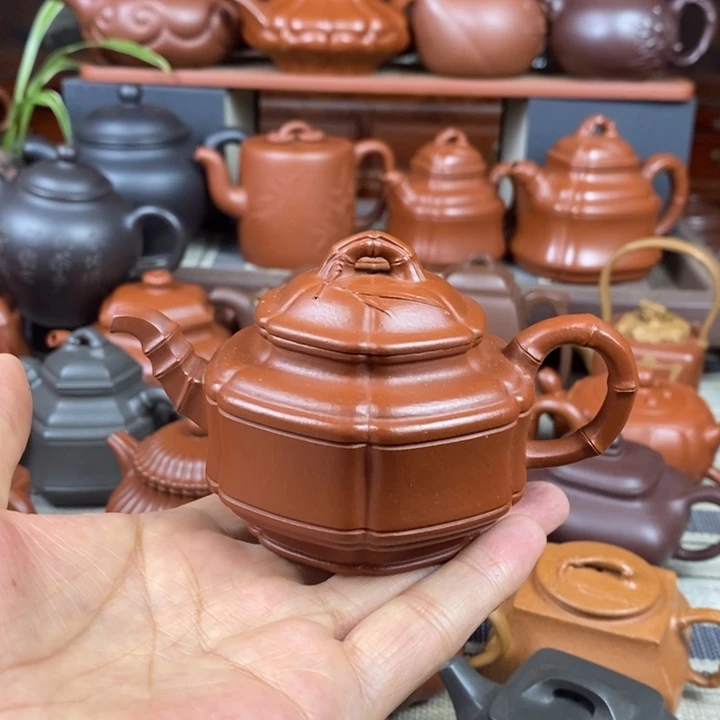 茶壶紫砂六方竹鼓150cc原矿赵庄朱泥特价