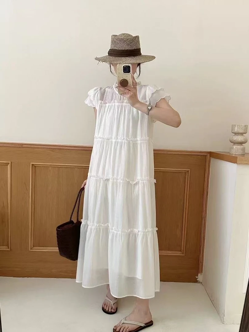 燕妮雅姿甜美飞飞袖中长款连衣裙时尚高腰女装L430