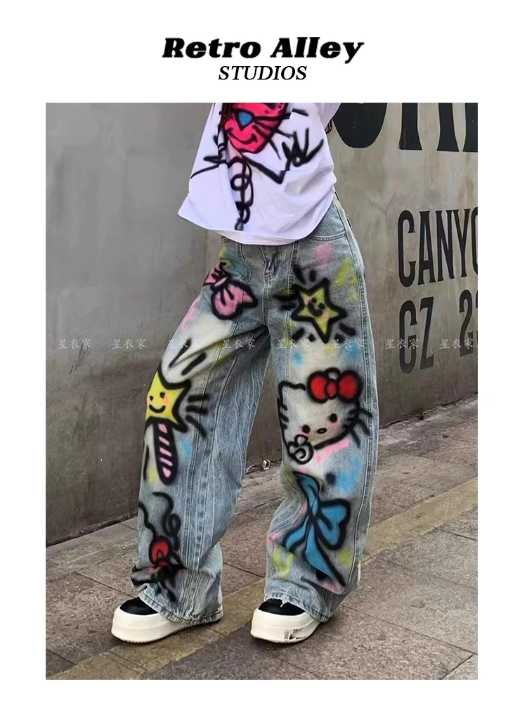 美式多巴胺卡通涂鸦牛仔裤子男女复古设计感拖地HelloKitty弯刀裤