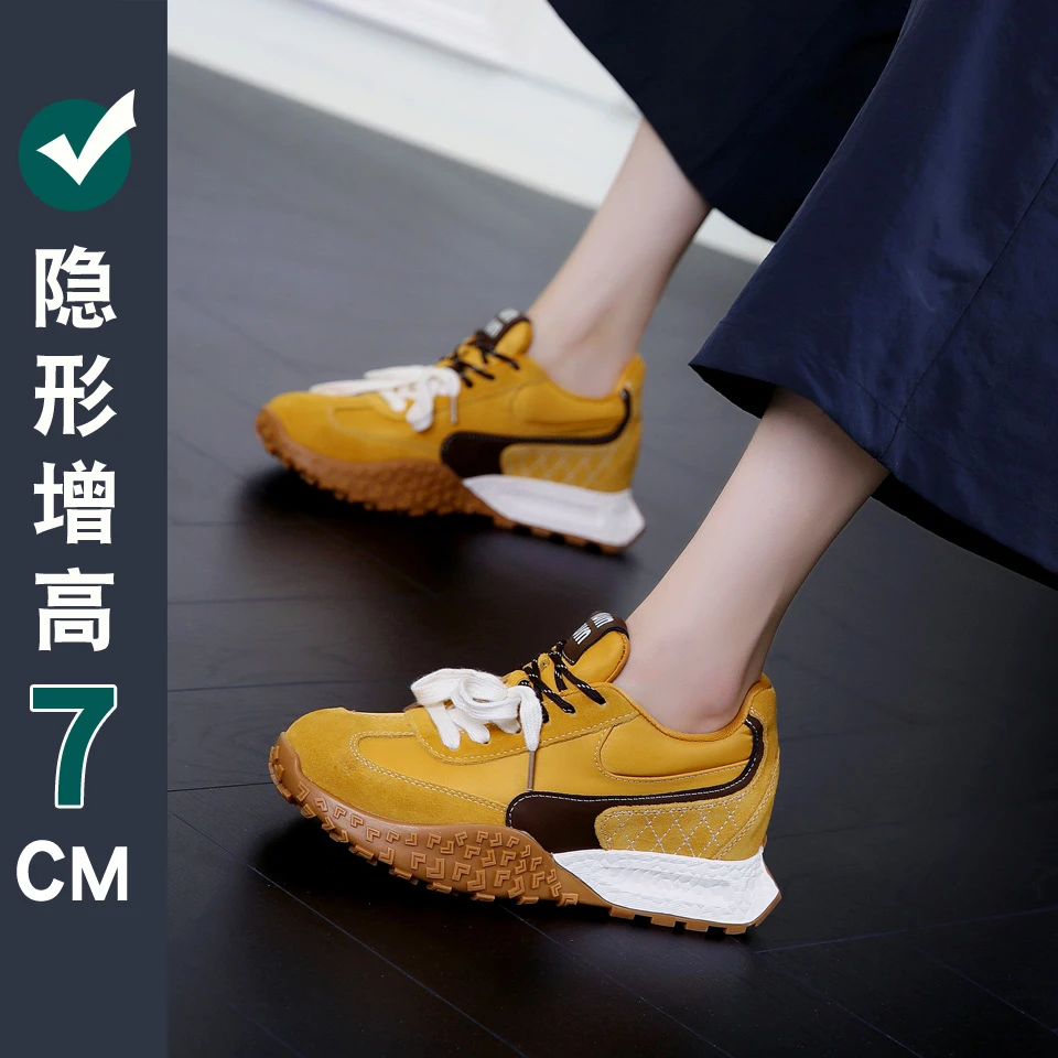 胖虎专属~隐形增高7CM厚底运动鞋女2025新款小个子真皮透气德训鞋