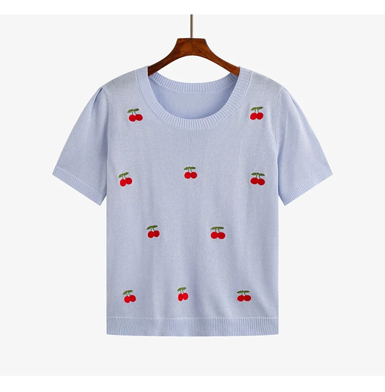大码女装刺绣樱桃针织衫2025夏款胖mm宽松甜美上衣女短袖T恤