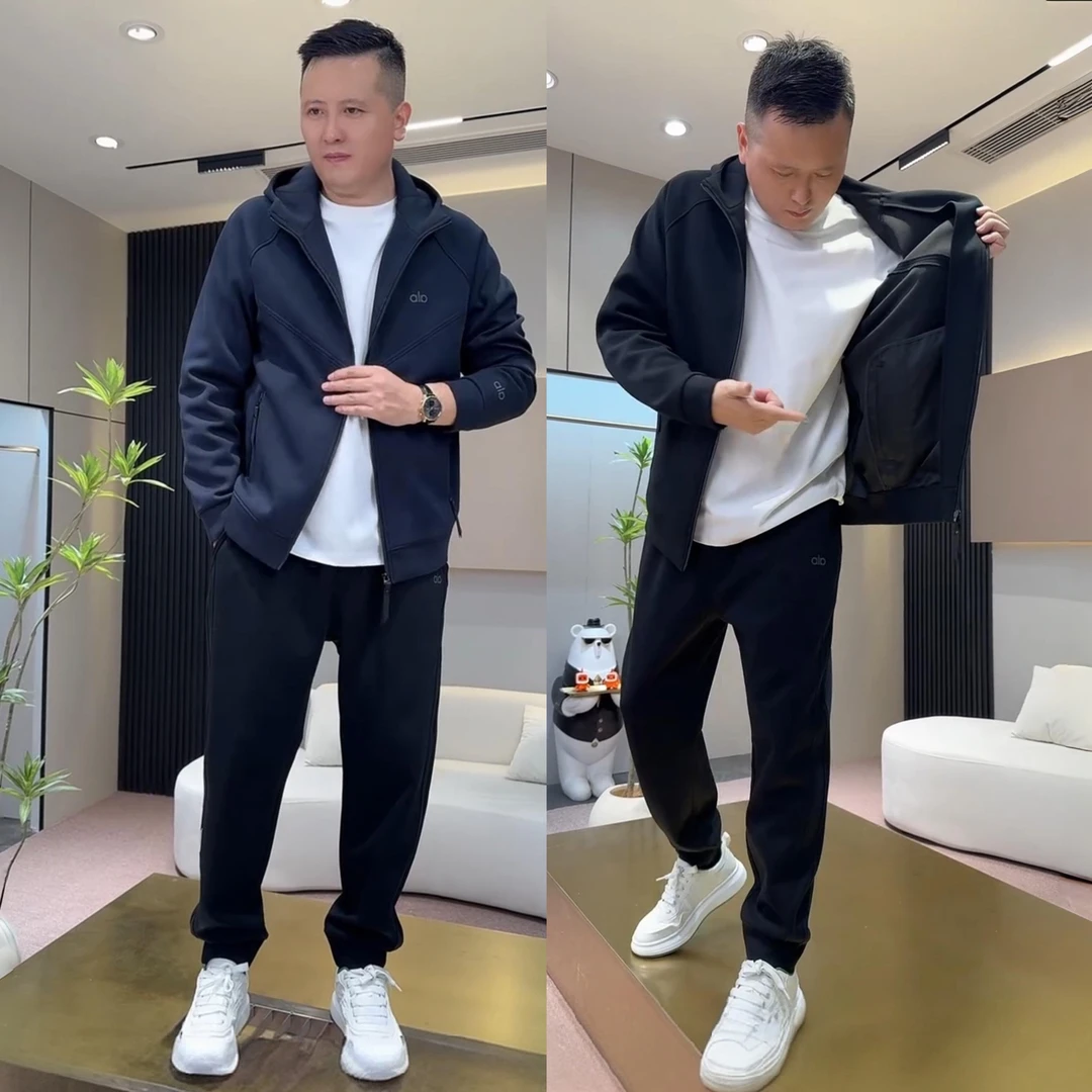 春秋新款纯色连帽外套卫裤休闲套装男潮流时尚百搭修身运动两件套