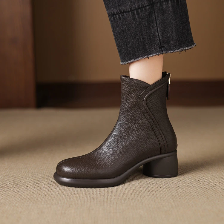 头层牛皮~5cm时装靴秋冬真皮时尚粗跟中跟短筒靴百搭厚底鞋后拉链