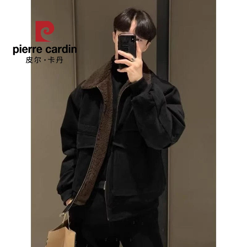 皮尔卡丹美式复古工装外套翻领棉衣男士冬季加绒加厚棉服上衣高街