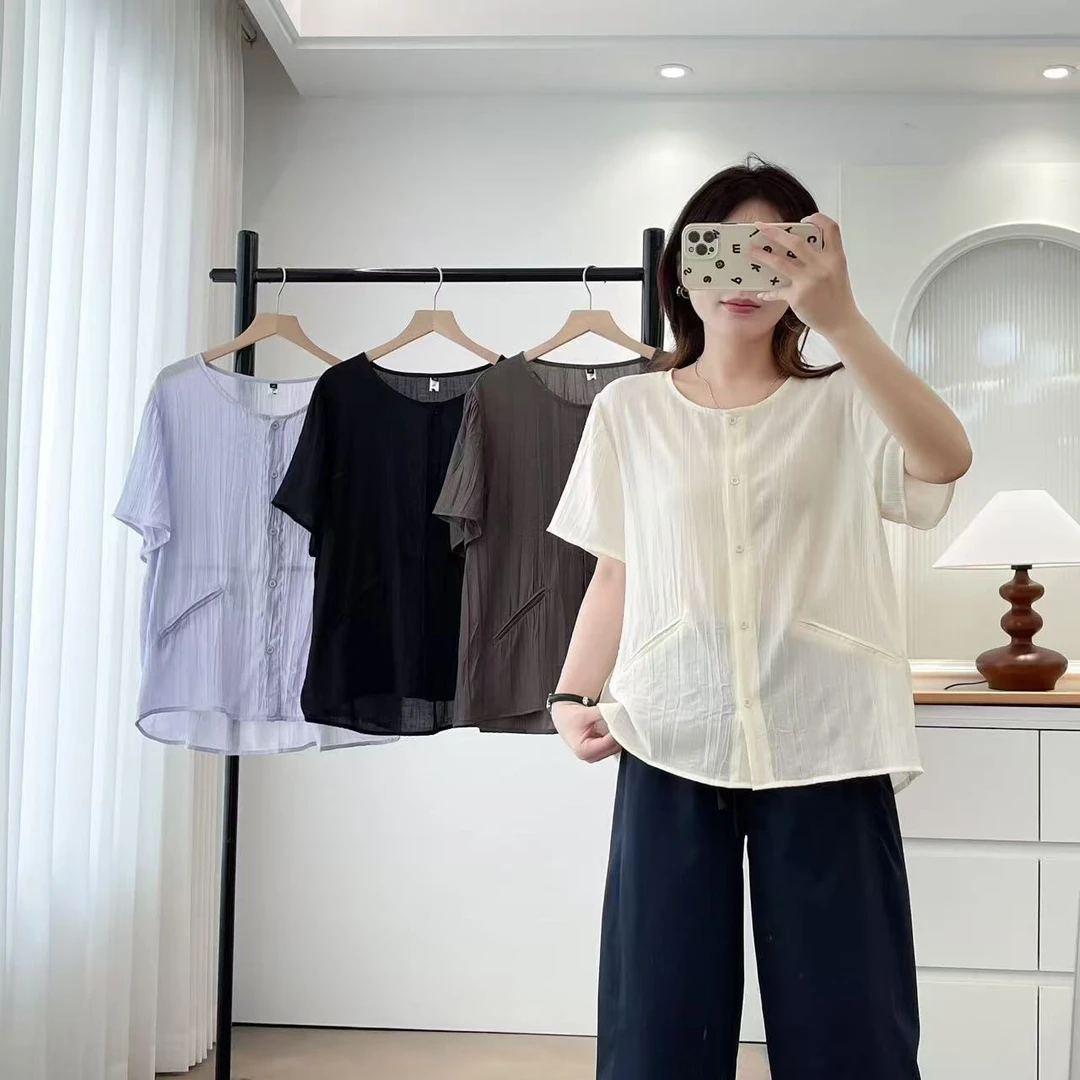 显瘦圆领夏季短袖INS风单排多扣休闲简约百搭衬衫洋气衬衣上衣名