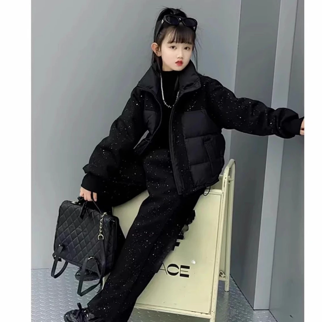 女童冬季棉衣套装新款外套筒裤两件套满天星短款棉服