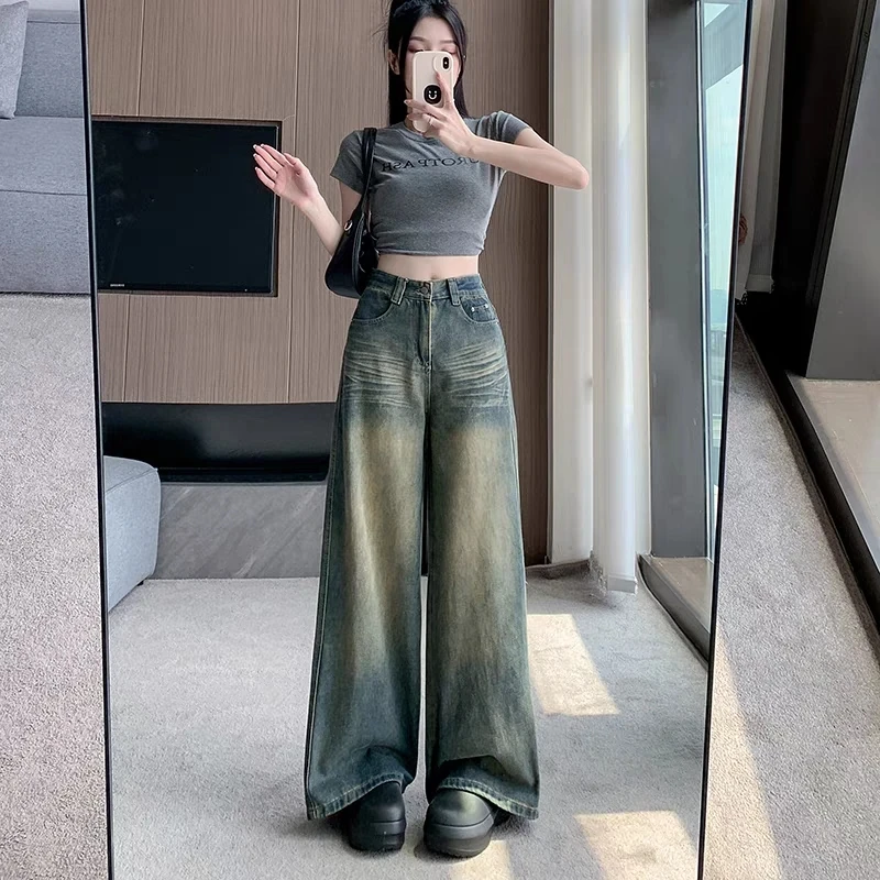 女装厚料软牛仔水泥灰A字型大阔腿拖地裤，遮肉显高显瘦百搭