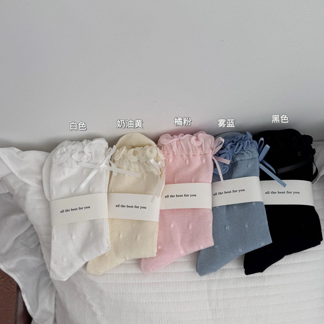 夏季少女风中筒薄款蝴蝶结中筒袜美腿夏季花苞中筒袜镂空可爱风