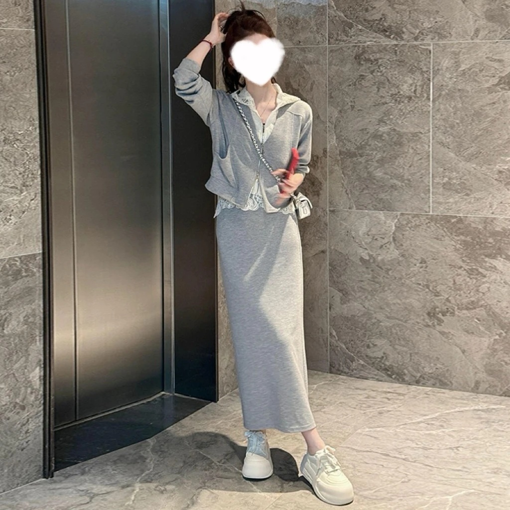 春季2025显瘦新款气质套装洋气蕾丝连帽外套+高腰半身裙两件套
